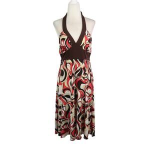 Vintage Y2k Speechless Brown Cream Red Swirl Halter Midi Dress L